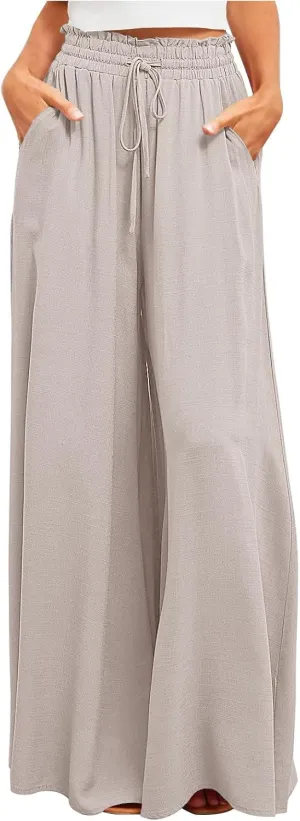 Women Flowy Pants Summer Fashion High Waisted Drawstring Wide Leg Casual Baggy Lightweight Breathable Solid Trosuers