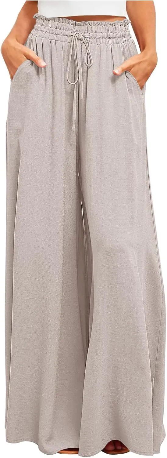 Women Flowy Pants Summer Fashion High Waisted Drawstring Wide Leg Casual Baggy Lightweight Breathable Solid Trosuers
