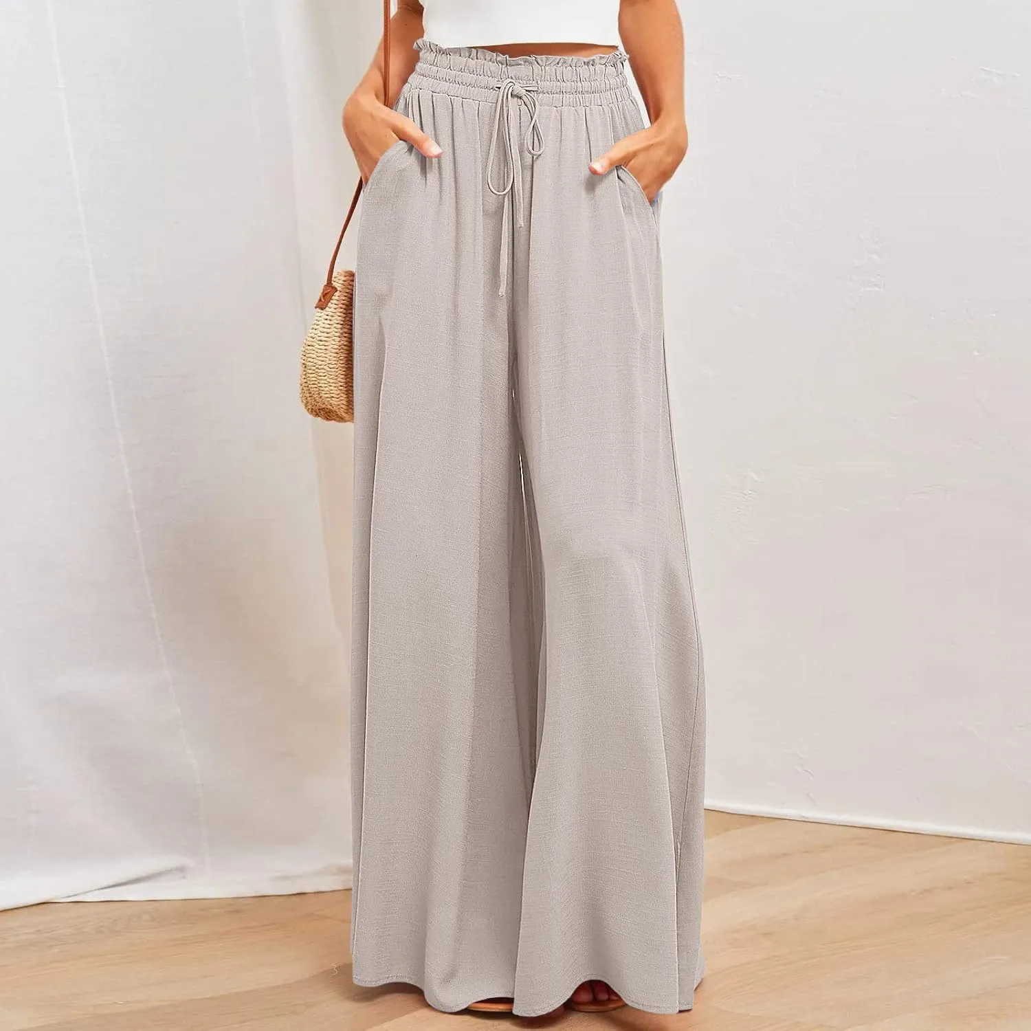 Women Flowy Pants Summer Fashion High Waisted Drawstring Wide Leg Casual Baggy Lightweight Breathable Solid Trosuers
