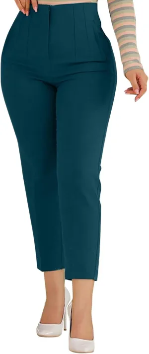 Women High Waist Cropped Work Pants Solid Zipper Trouser Pant Casual Baggy Elastic Waist Trouser Flare Pants for