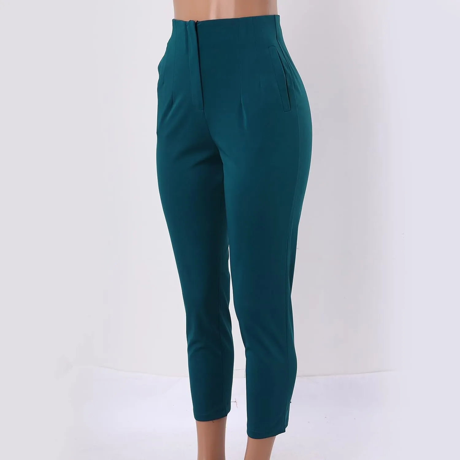 Women High Waist Cropped Work Pants Solid Zipper Trouser Pant Casual Baggy Elastic Waist Trouser Flare Pants for