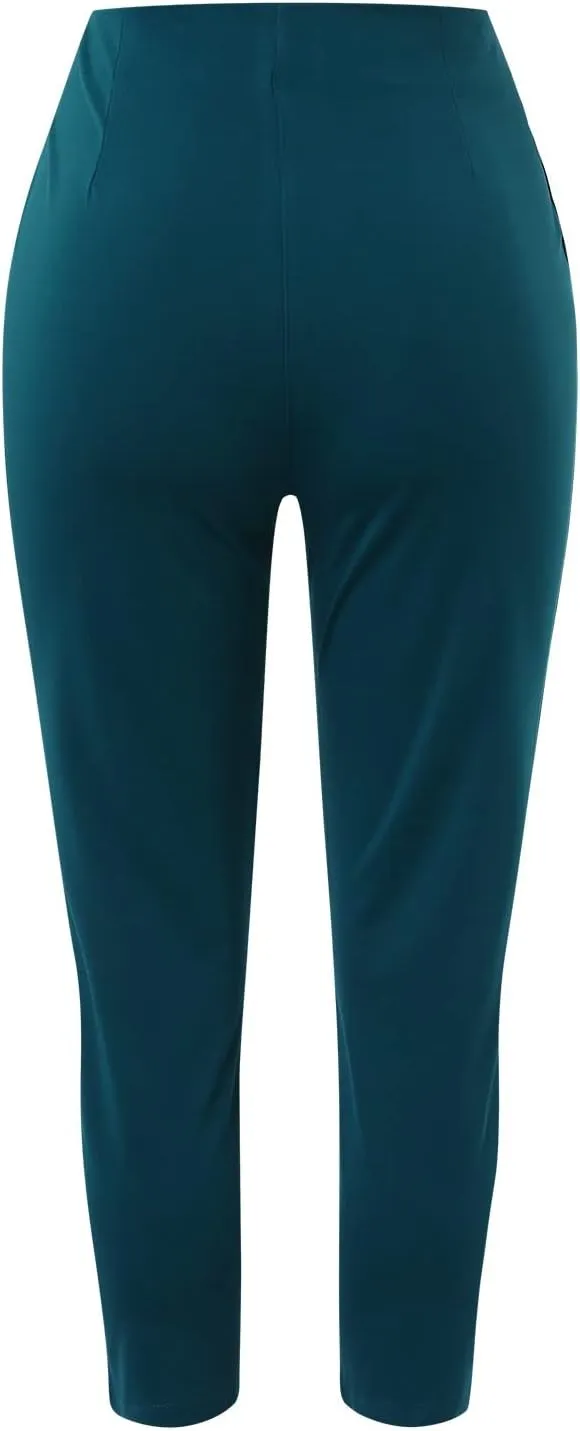 Women High Waist Cropped Work Pants Solid Zipper Trouser Pant Casual Baggy Elastic Waist Trouser Flare Pants for