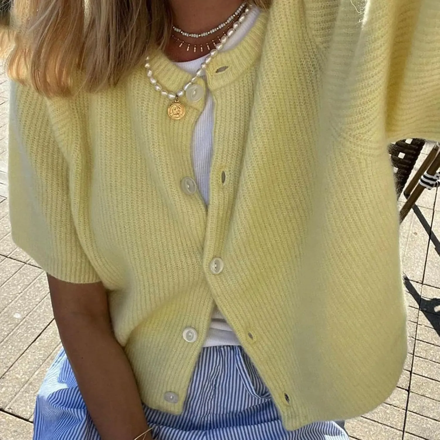 Women Knitted Crop Cardigan Sweater Short Sleeve Button Down Ribbed Knit Crop Top Blouse Y2k Pullover Tee Tops