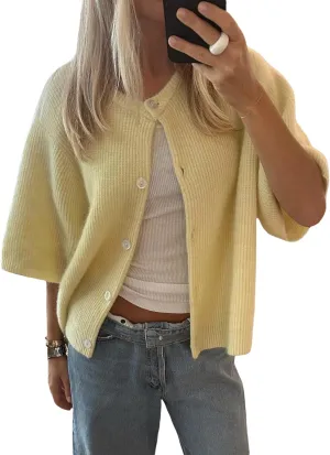 Women Knitted Crop Cardigan Sweater Short Sleeve Button Down Ribbed Knit Crop Top Blouse Y2k Pullover Tee Tops