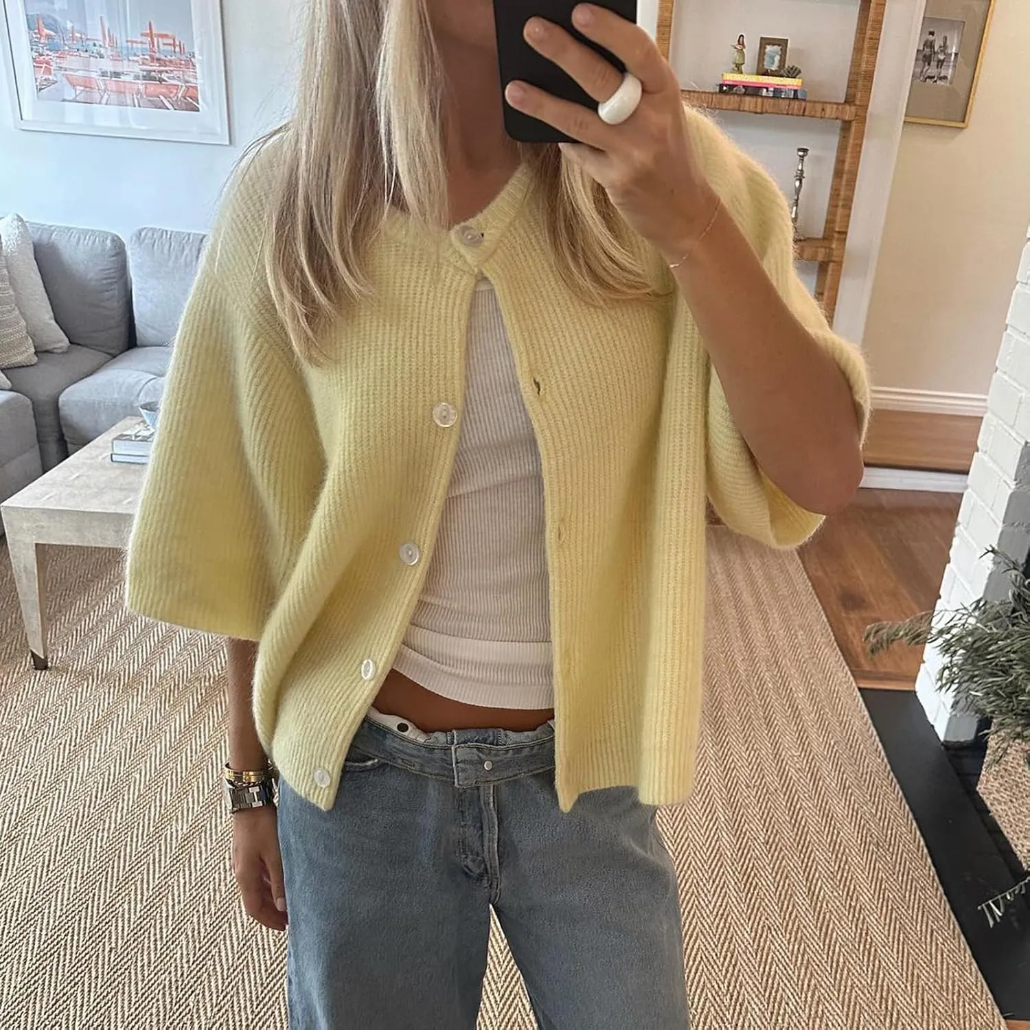 Women Knitted Crop Cardigan Sweater Short Sleeve Button Down Ribbed Knit Crop Top Blouse Y2k Pullover Tee Tops