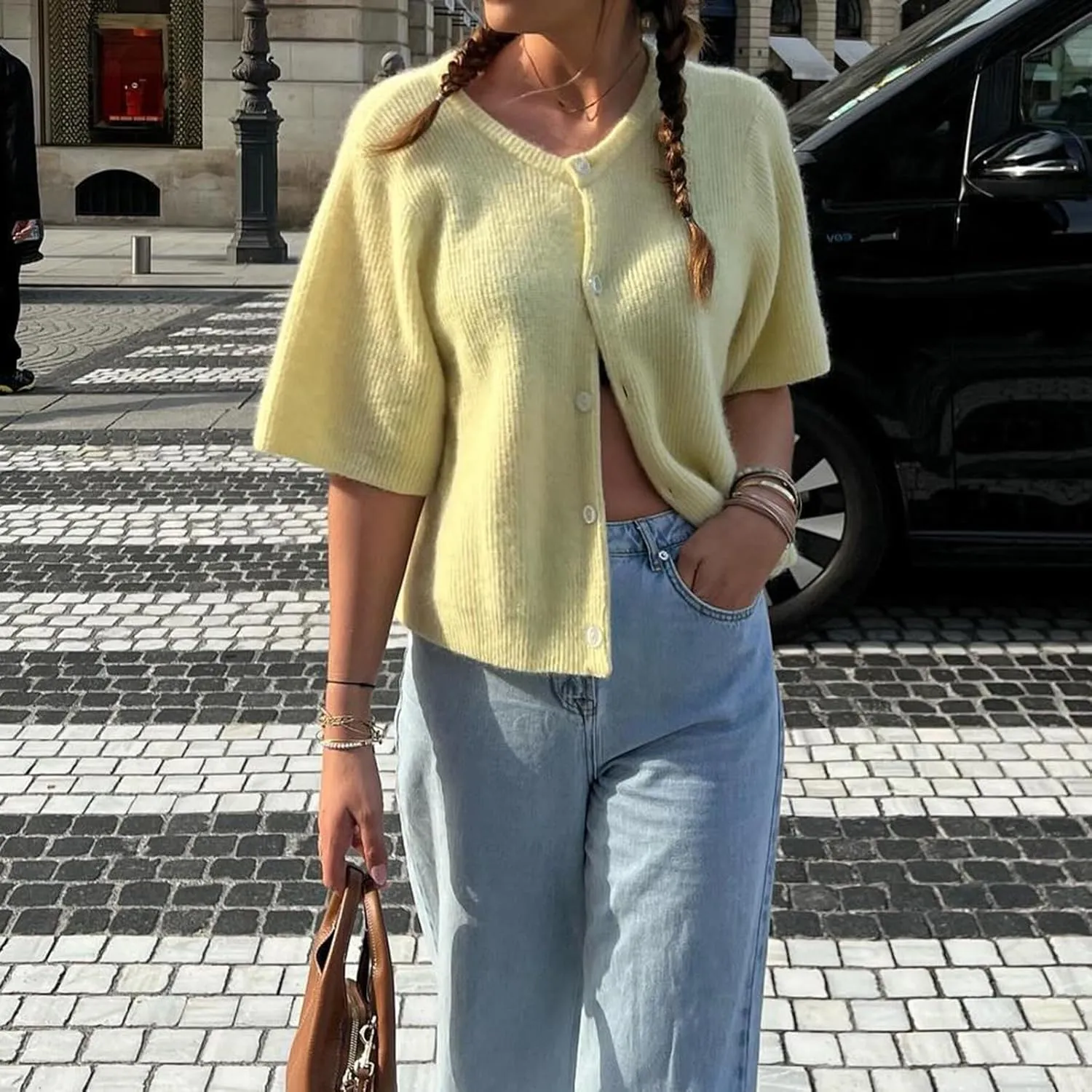 Women Knitted Crop Cardigan Sweater Short Sleeve Button Down Ribbed Knit Crop Top Blouse Y2k Pullover Tee Tops