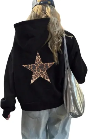 Women Leopard Star Graphic Fleece Hoodie Long Sleeve Drop Shoulder Oversized Aesthetic Hooded Sweatshirt Girls