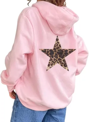 Women Leopard Star Graphic Fleece Hoodie Long Sleeve Drop Shoulder Oversized Aesthetic Hooded Sweatshirt Girls