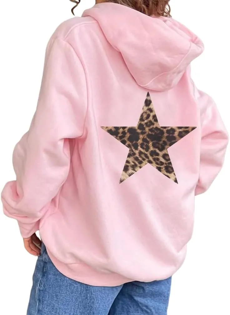 Women Leopard Star Graphic Fleece Hoodie Long Sleeve Drop Shoulder Oversized Aesthetic Hooded Sweatshirt Girls