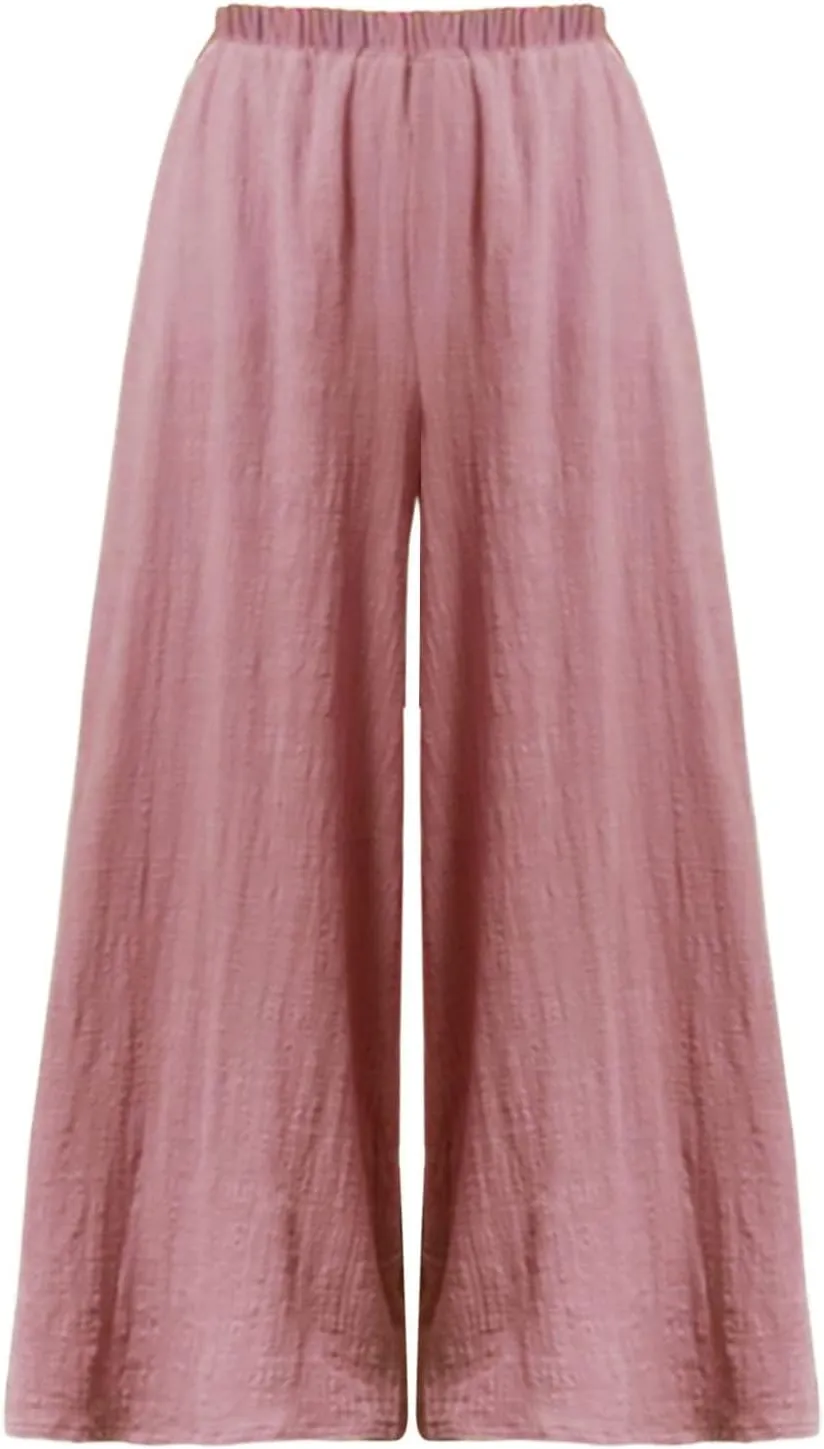 Women Linen Blend Summer Baggy Palazzo Lounge Pants High Waist Ankle Length Slim Fit Palazzo Lounge Pants Travel