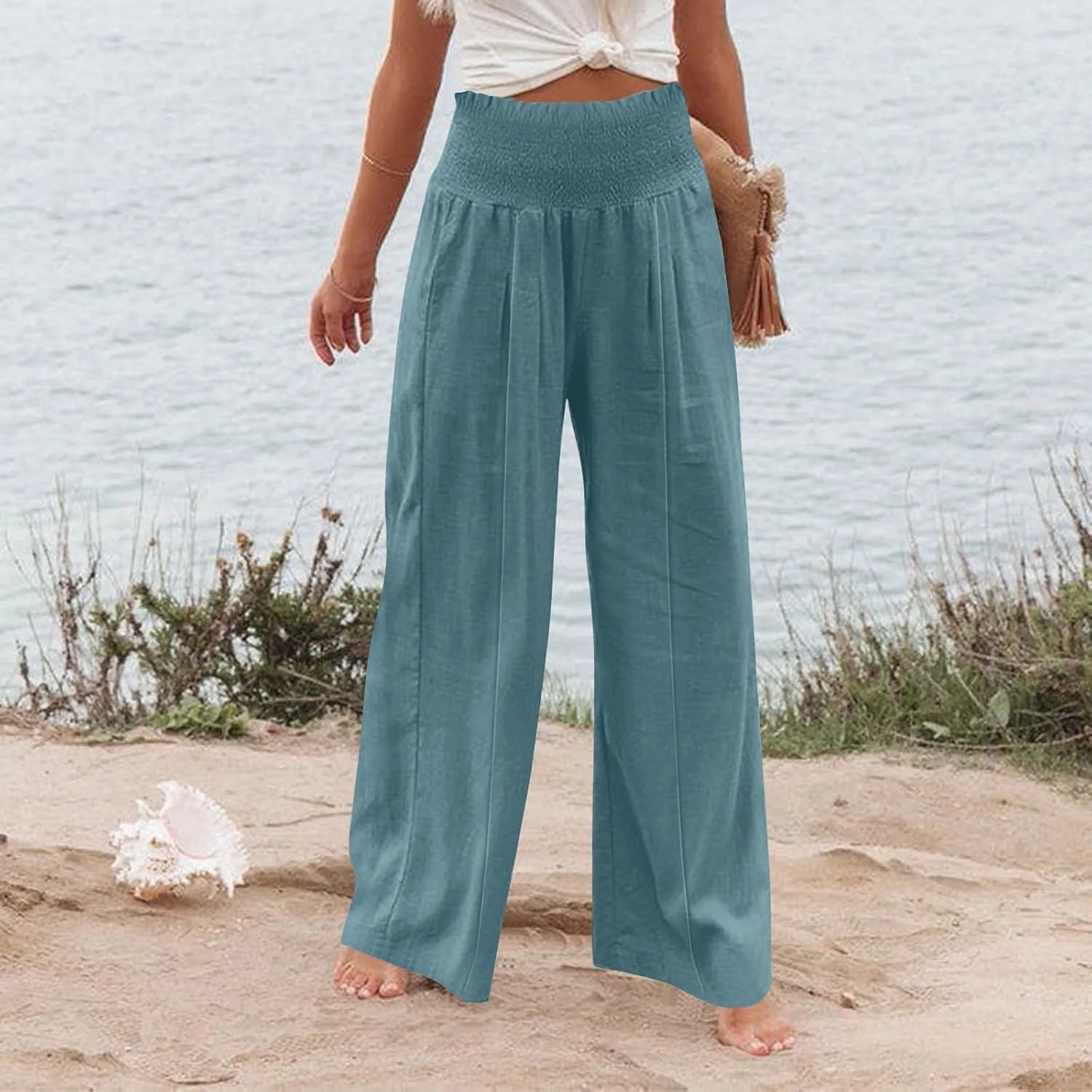 Women Linen Blend Summer Solid Pants Elastic Waist Baggy Stretchy Loose Fit Pant Trousers Business Work