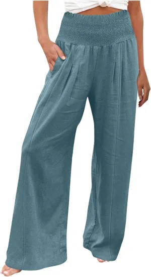Women Linen Blend Summer Solid Pants Elastic Waist Baggy Stretchy Loose Fit Pant Trousers Business Work