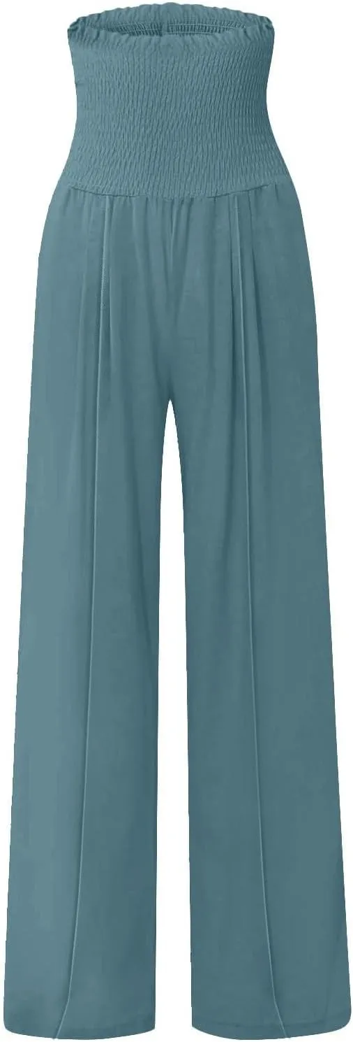 Women Linen Blend Summer Solid Pants Elastic Waist Baggy Stretchy Loose Fit Pant Trousers Business Work