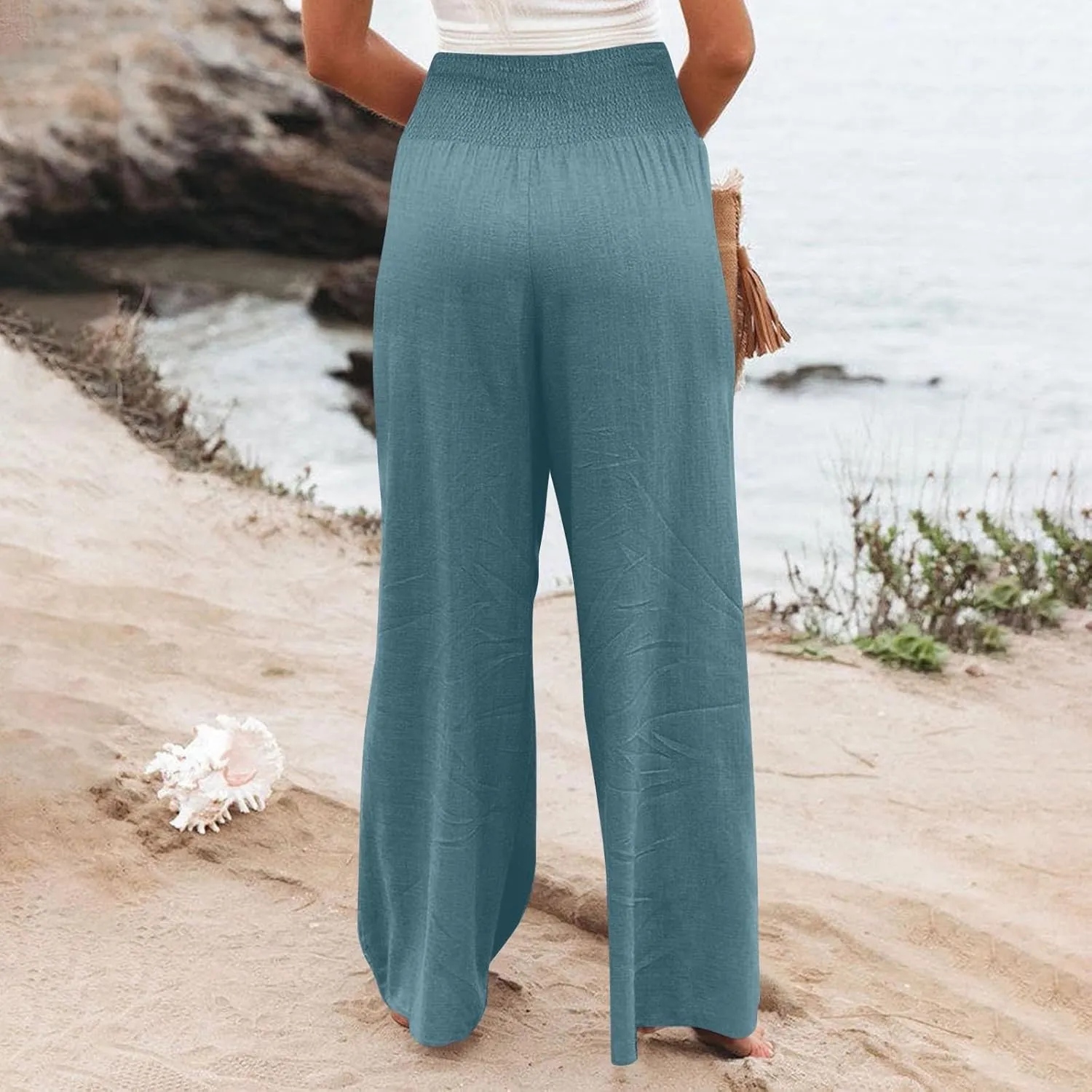 Women Linen Blend Summer Solid Pants Elastic Waist Baggy Stretchy Loose Fit Pant Trousers Business Work