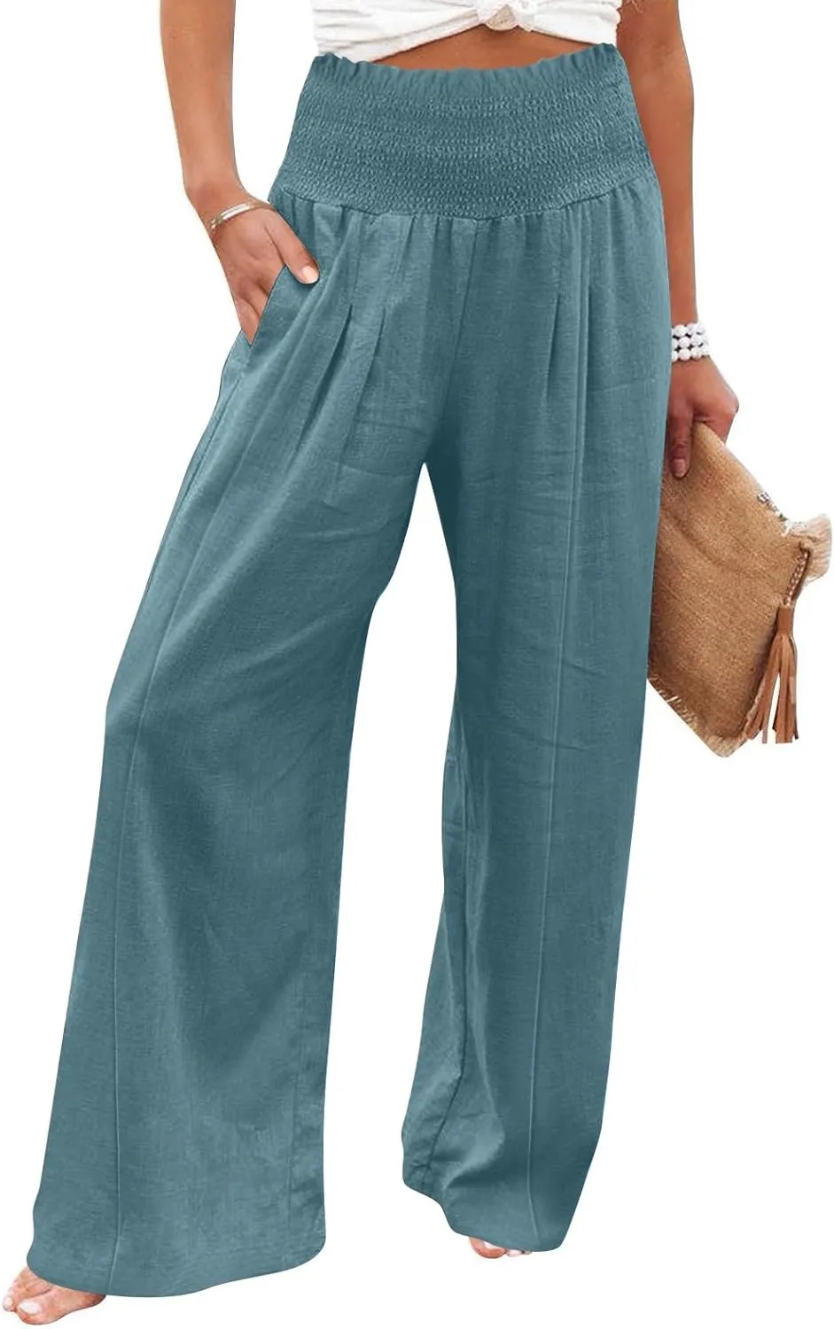 Women Linen Blend Summer Solid Pants Elastic Waist Baggy Stretchy Loose Fit Pant Trousers Business Work