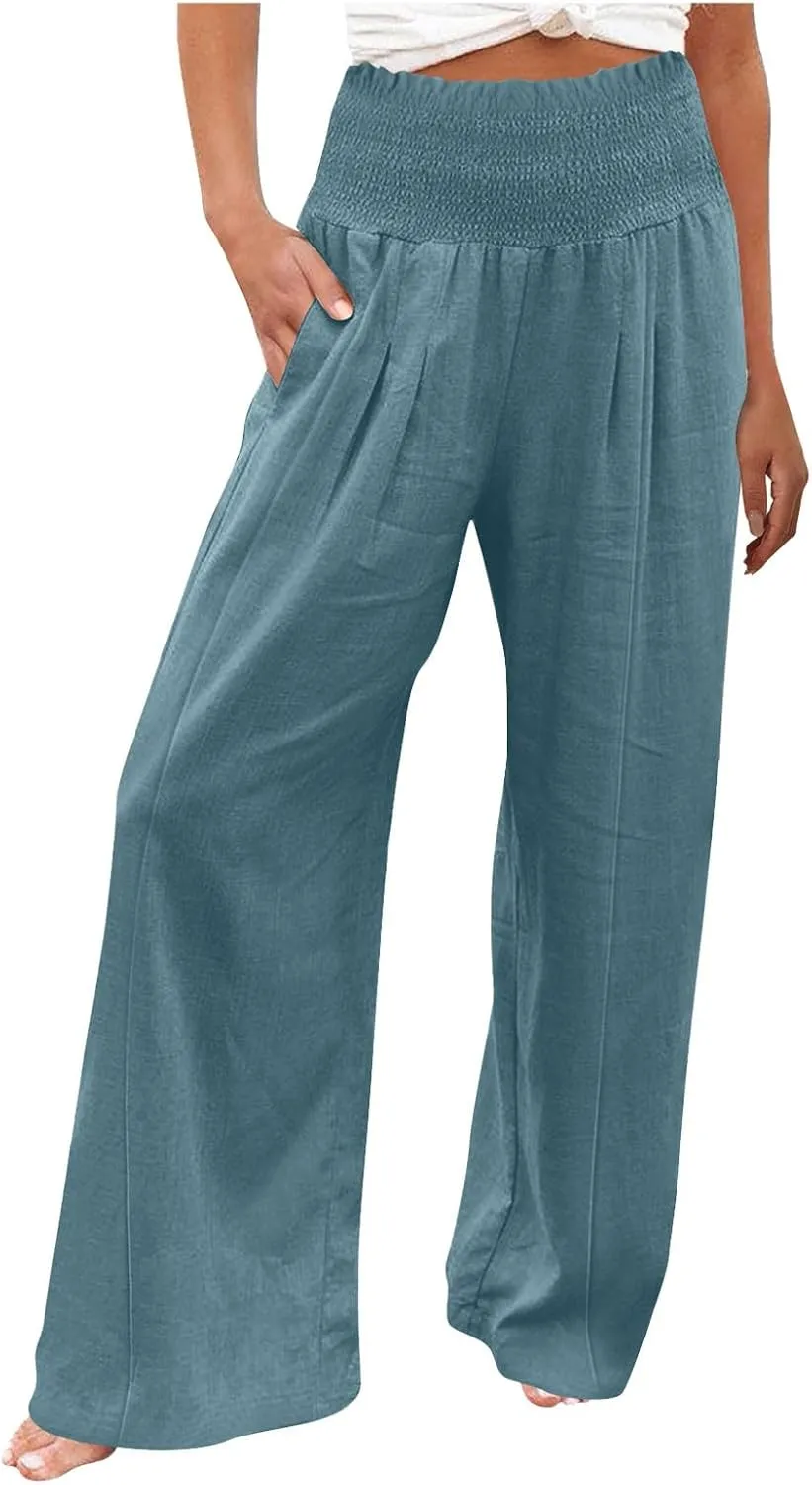 Women Linen Blend Summer Solid Pants Elastic Waist Baggy Stretchy Loose Fit Pant Trousers Business Work