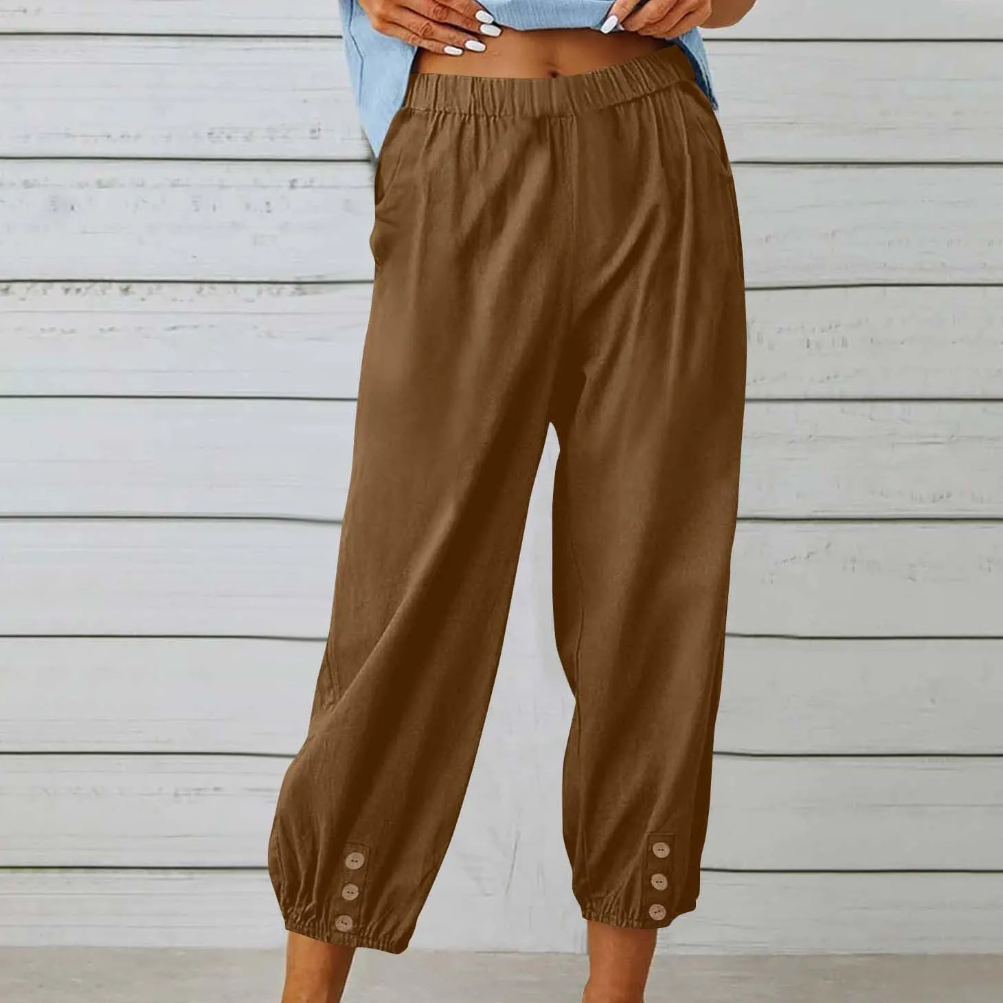 Women Linen Capri Pants Summer Casual Drawstring Elastic High Waist Pants Baggy Wide Leg Cropped Lounge Trousers