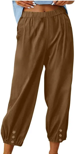 Women Linen Capri Pants Summer Casual Drawstring Elastic High Waist Pants Baggy Wide Leg Cropped Lounge Trousers