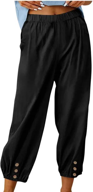 Women Linen Capri Pants Summer Casual Drawstring Elastic High Waist Pants Baggy Wide Leg Cropped Lounge Trousers