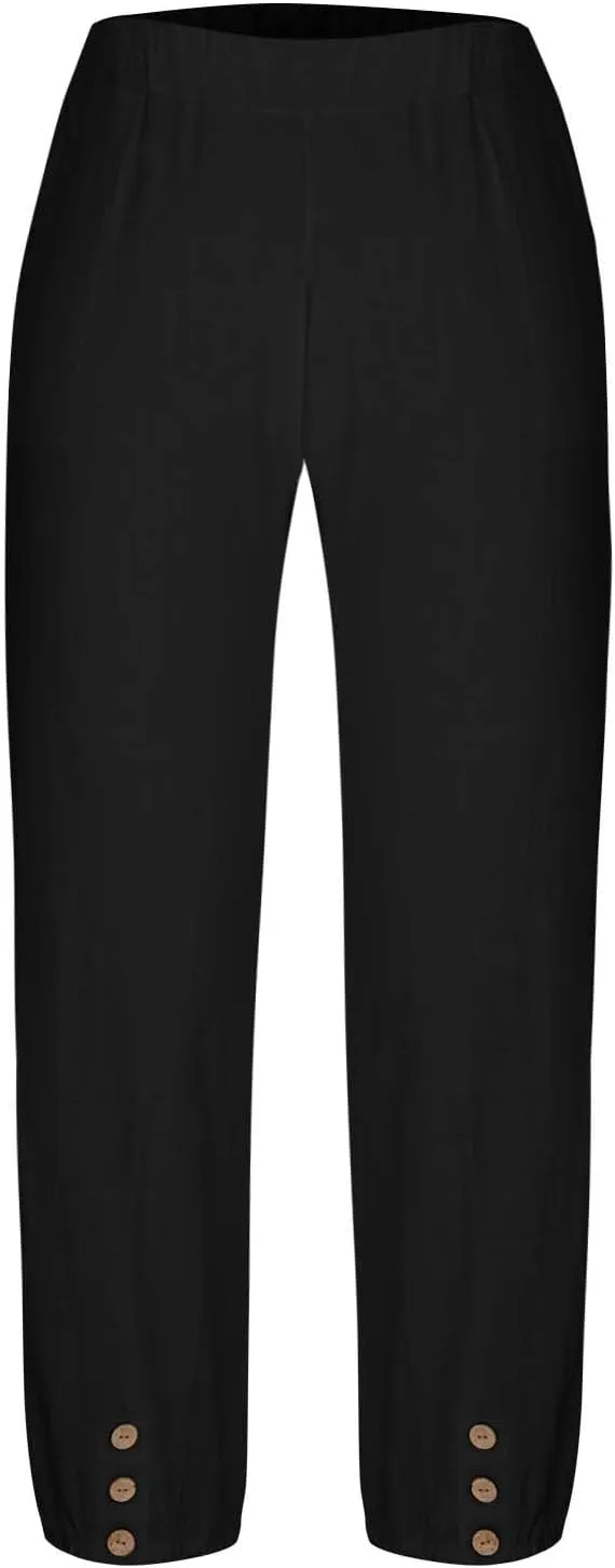 Women Linen Capri Pants Summer Casual Drawstring Elastic High Waist Pants Baggy Wide Leg Cropped Lounge Trousers