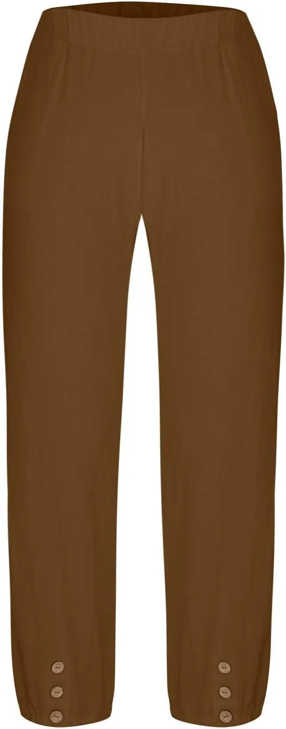 Women Linen Capri Pants Summer Casual Drawstring Elastic High Waist Pants Baggy Wide Leg Cropped Lounge Trousers