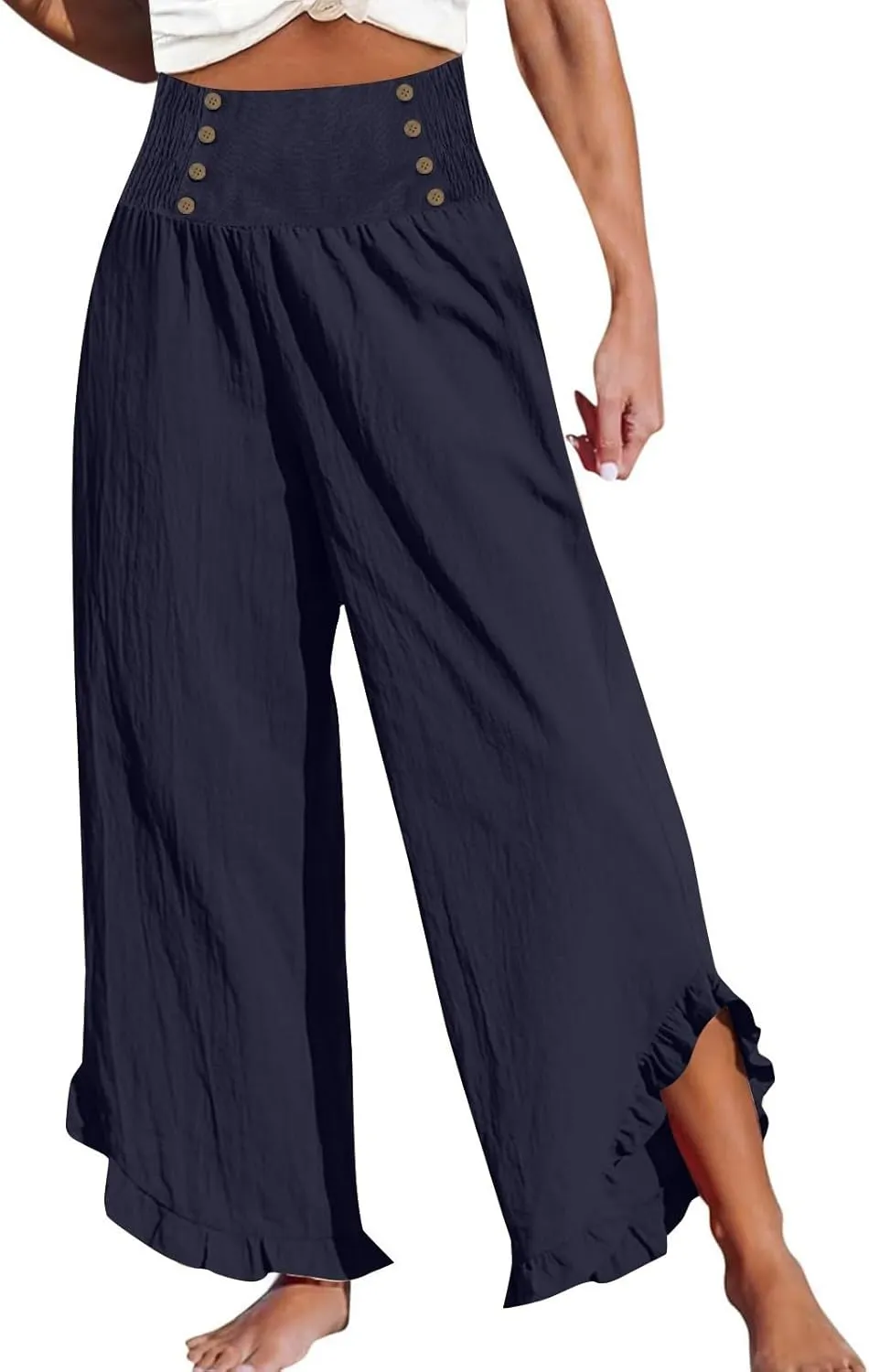 Women Linen Palazzo Pants 2025 Summer High Waisted Wide Leg Pant Pleated Beach Travel Trousers with Pockets