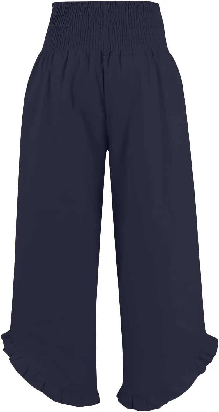 Women Linen Palazzo Pants 2025 Summer High Waisted Wide Leg Pant Pleated Beach Travel Trousers with Pockets
