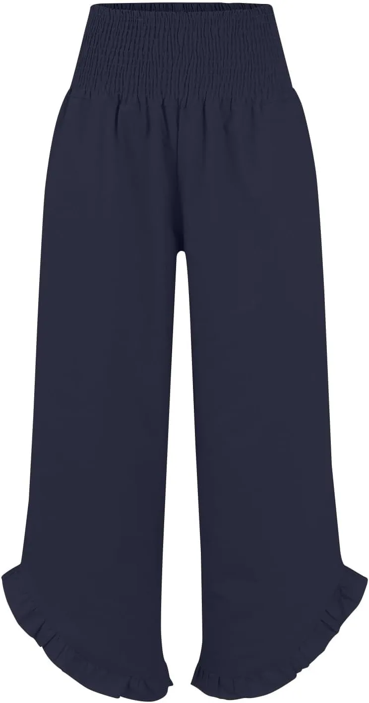 Women Linen Palazzo Pants 2025 Summer High Waisted Wide Leg Pant Pleated Beach Travel Trousers with Pockets