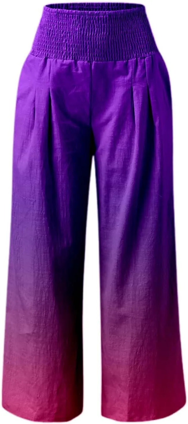 Women Linen Pants 2025 Summer Casual Loose Wide Leg Palazzo Pants Smocked High Waist Flowy Beach Trousers