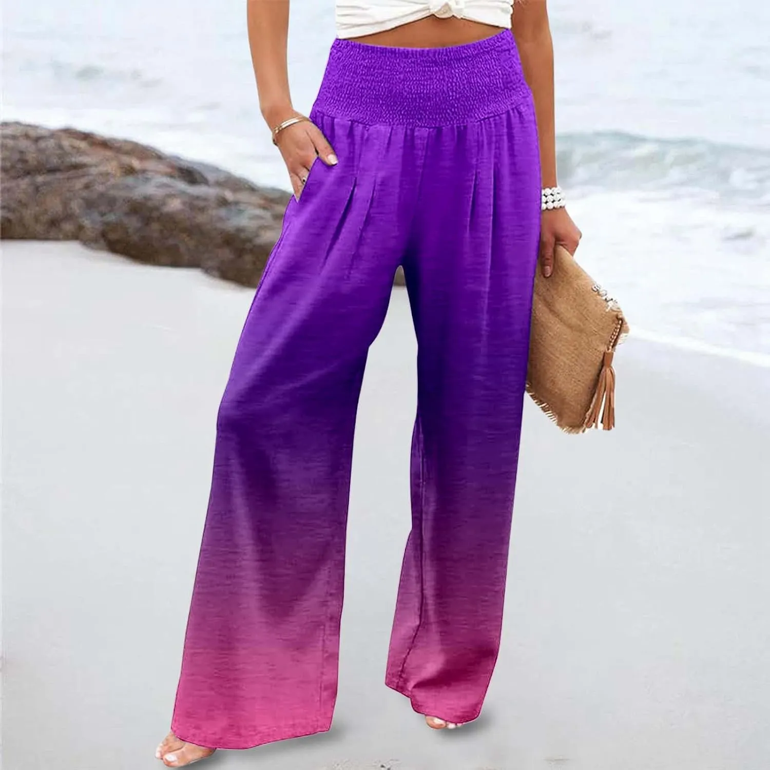 Women Linen Pants 2025 Summer Casual Loose Wide Leg Palazzo Pants Smocked High Waist Flowy Beach Trousers
