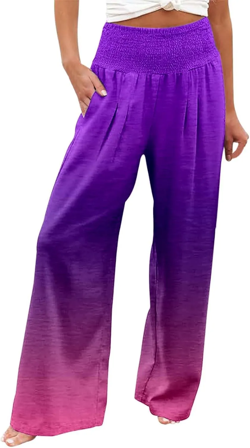 Women Linen Pants 2025 Summer Casual Loose Wide Leg Palazzo Pants Smocked High Waist Flowy Beach Trousers