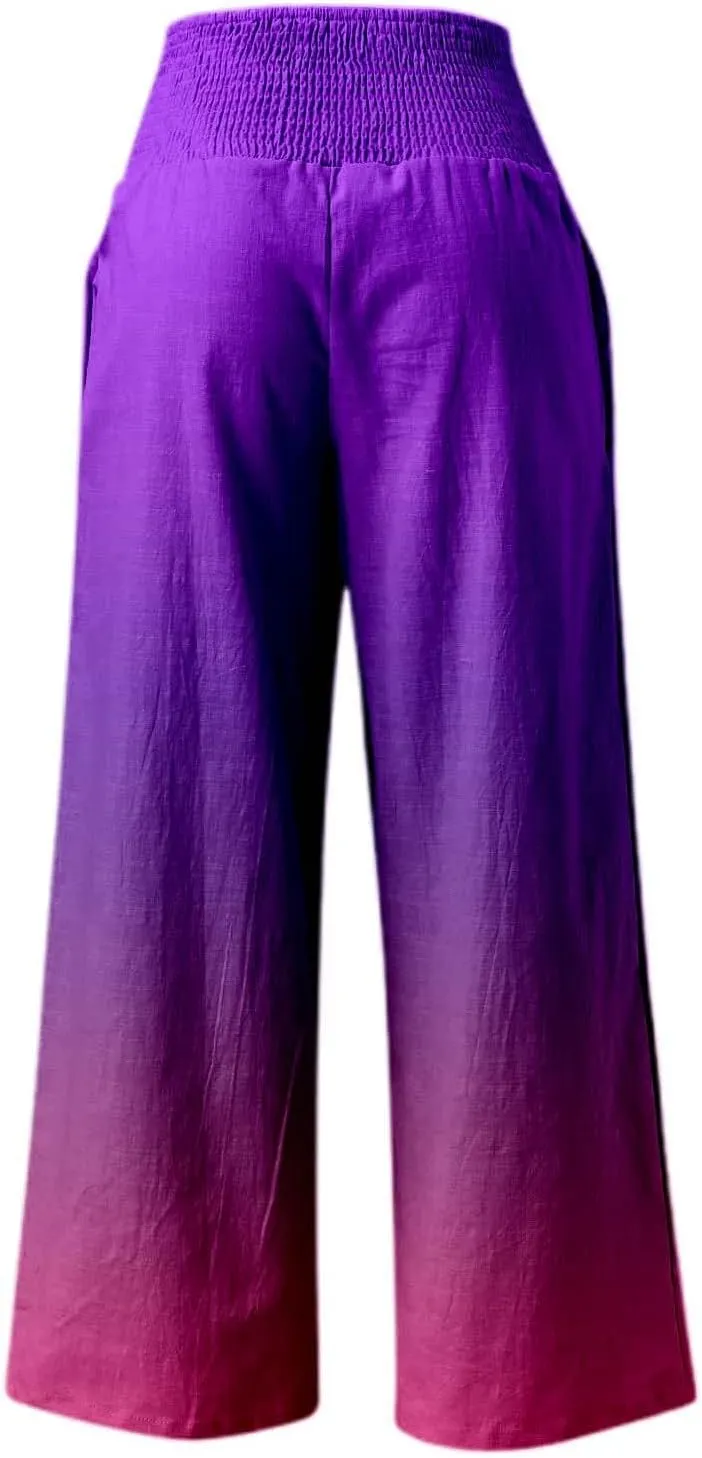 Women Linen Pants 2025 Summer Casual Loose Wide Leg Palazzo Pants Smocked High Waist Flowy Beach Trousers