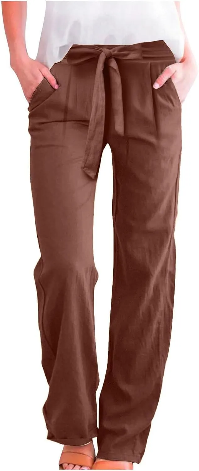 Women Linen Pants Casual Drawstring High Waisted Straight Leg Summer Pants Casual Comfy Beach Trouser with Pockets