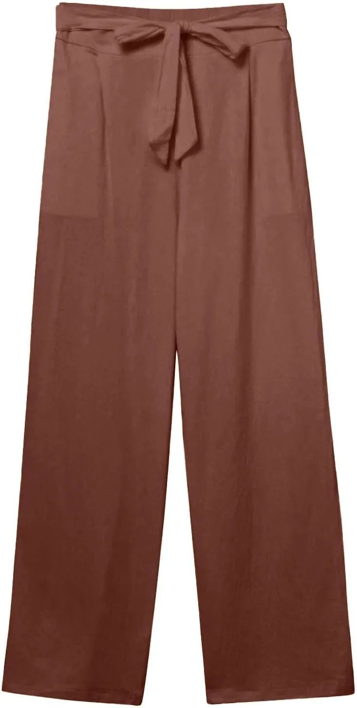Women Linen Pants Casual Drawstring High Waisted Straight Leg Summer Pants Casual Comfy Beach Trouser with Pockets