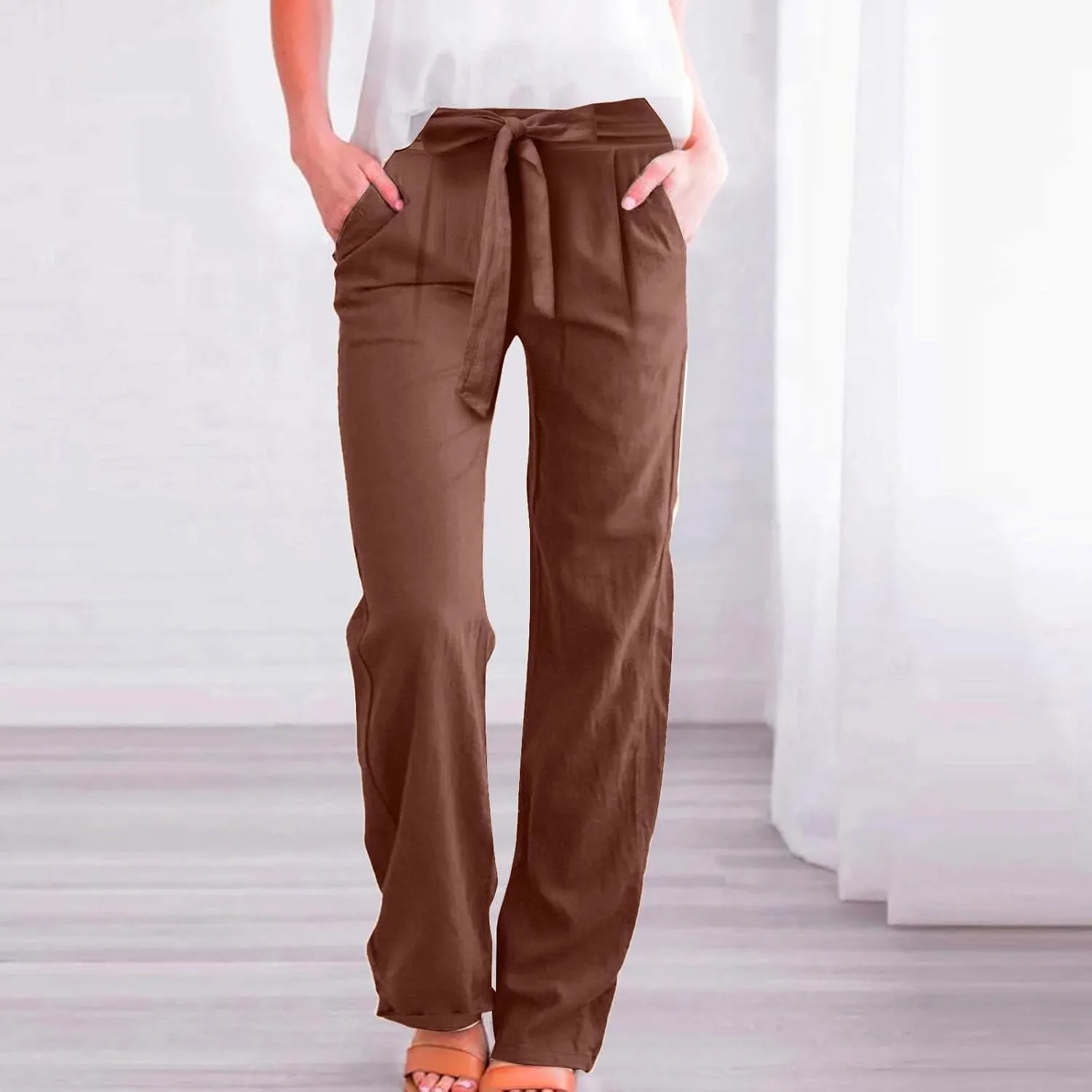 Women Linen Pants Casual Drawstring High Waisted Straight Leg Summer Pants Casual Comfy Beach Trouser with Pockets