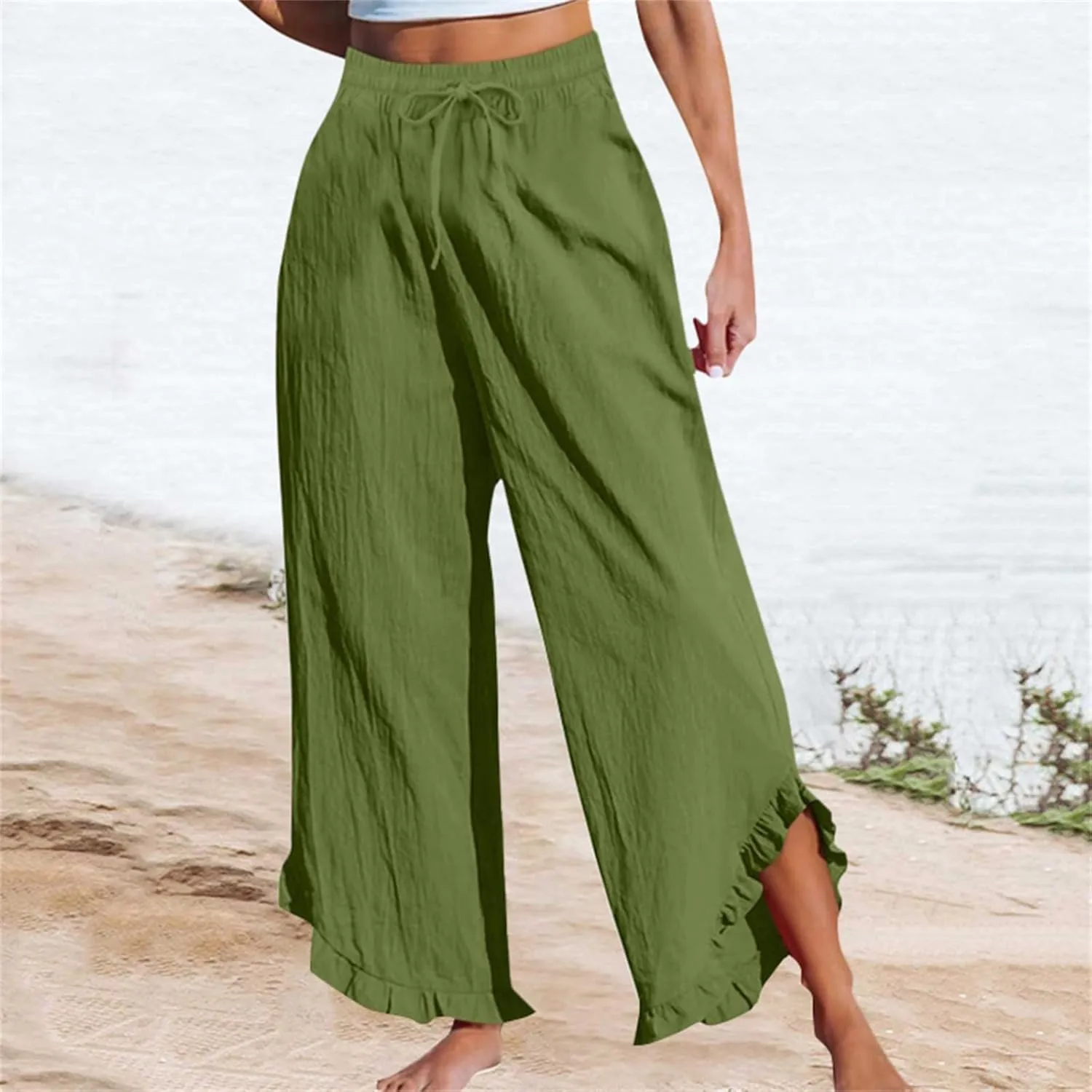 Women Linen Pants Summer Wide Leg Pants Drawstring Waist Ruffle Hem Palazzo Pant Boho Flowy Beach Pants with Pockets