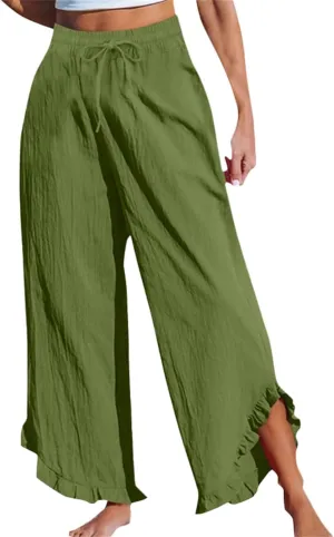 Women Linen Pants Summer Wide Leg Pants Drawstring Waist Ruffle Hem Palazzo Pant Boho Flowy Beach Pants with Pockets