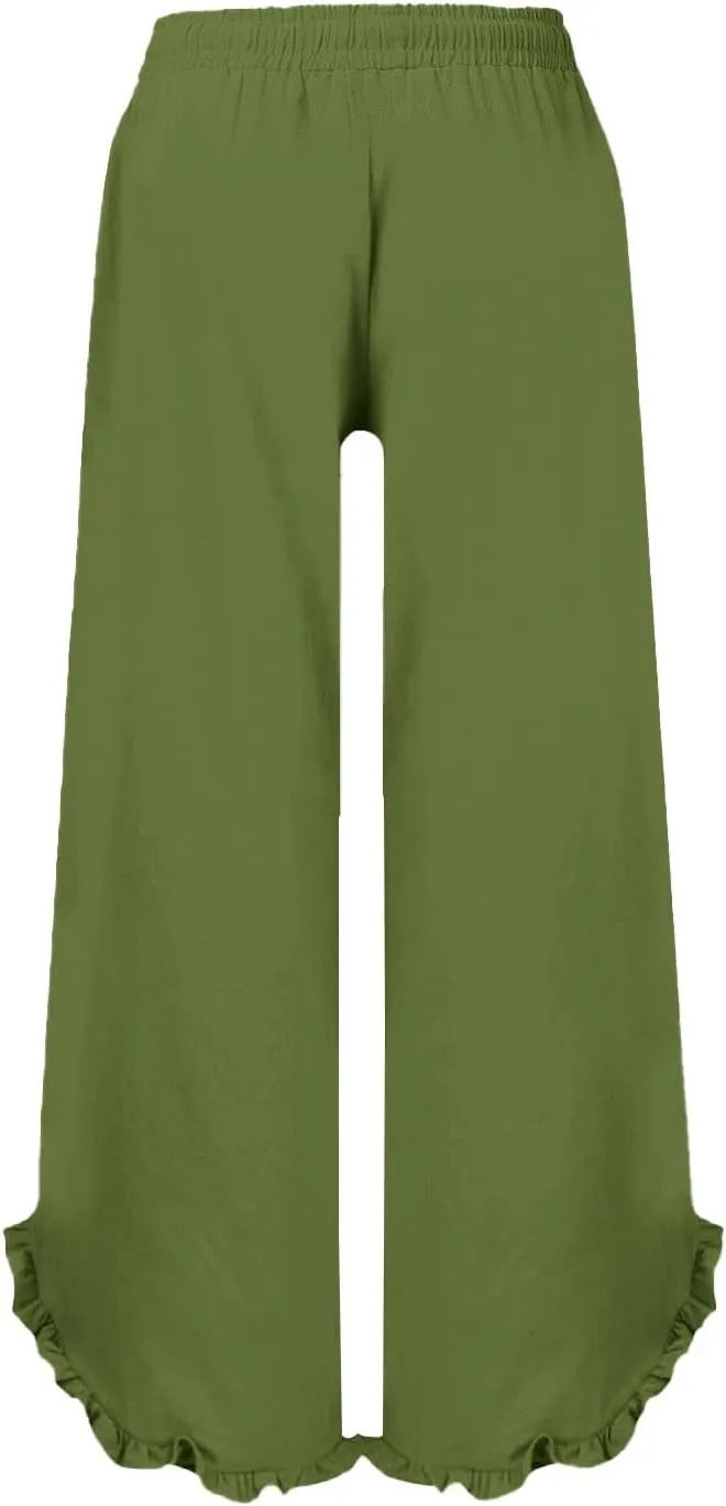 Women Linen Pants Summer Wide Leg Pants Drawstring Waist Ruffle Hem Palazzo Pant Boho Flowy Beach Pants with Pockets