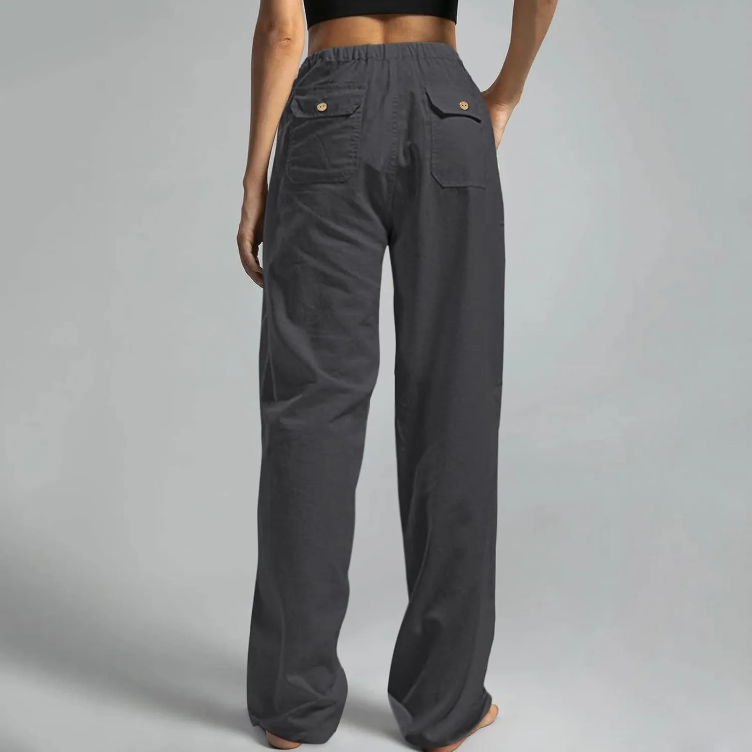 Women Linen Summer Flowy Pants Elastic Waist Ankle Length Slim-Fit Palazzo Lounge Pants Beach