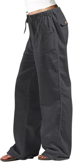 Women Linen Summer Flowy Pants Elastic Waist Ankle Length Slim-Fit Palazzo Lounge Pants Beach