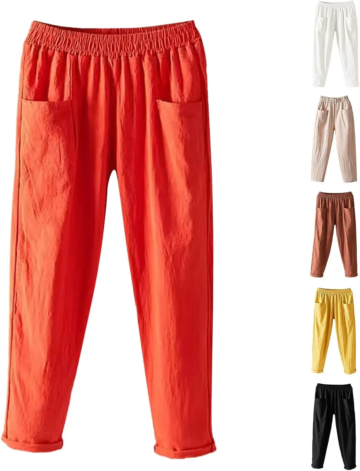 Women Linen Summer Loose Flowy Pants Low Waist Bootcut Slim-Fit Palazzo Lounge Pants Travel
