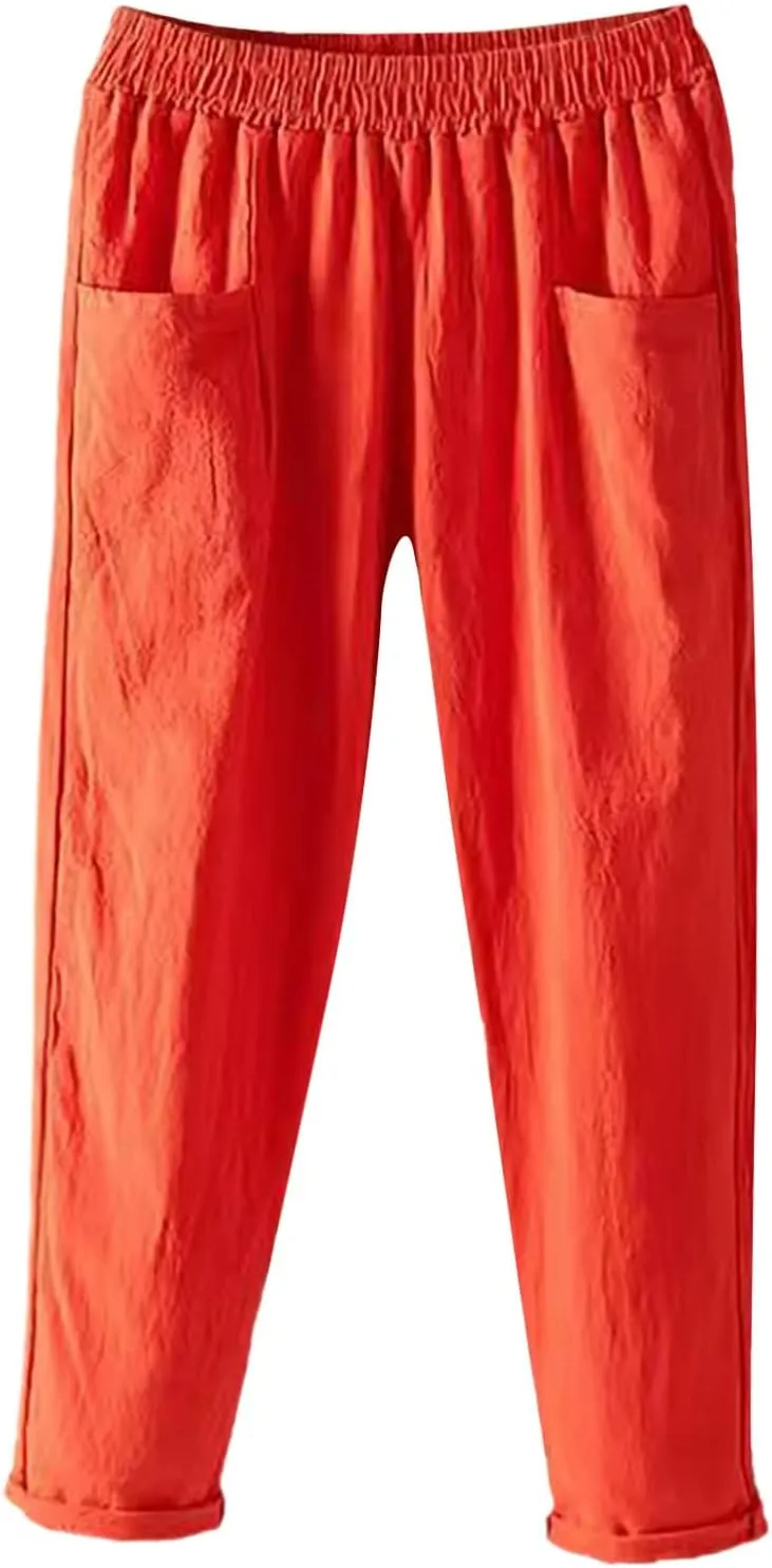 Women Linen Summer Loose Flowy Pants Low Waist Bootcut Slim-Fit Palazzo Lounge Pants Travel