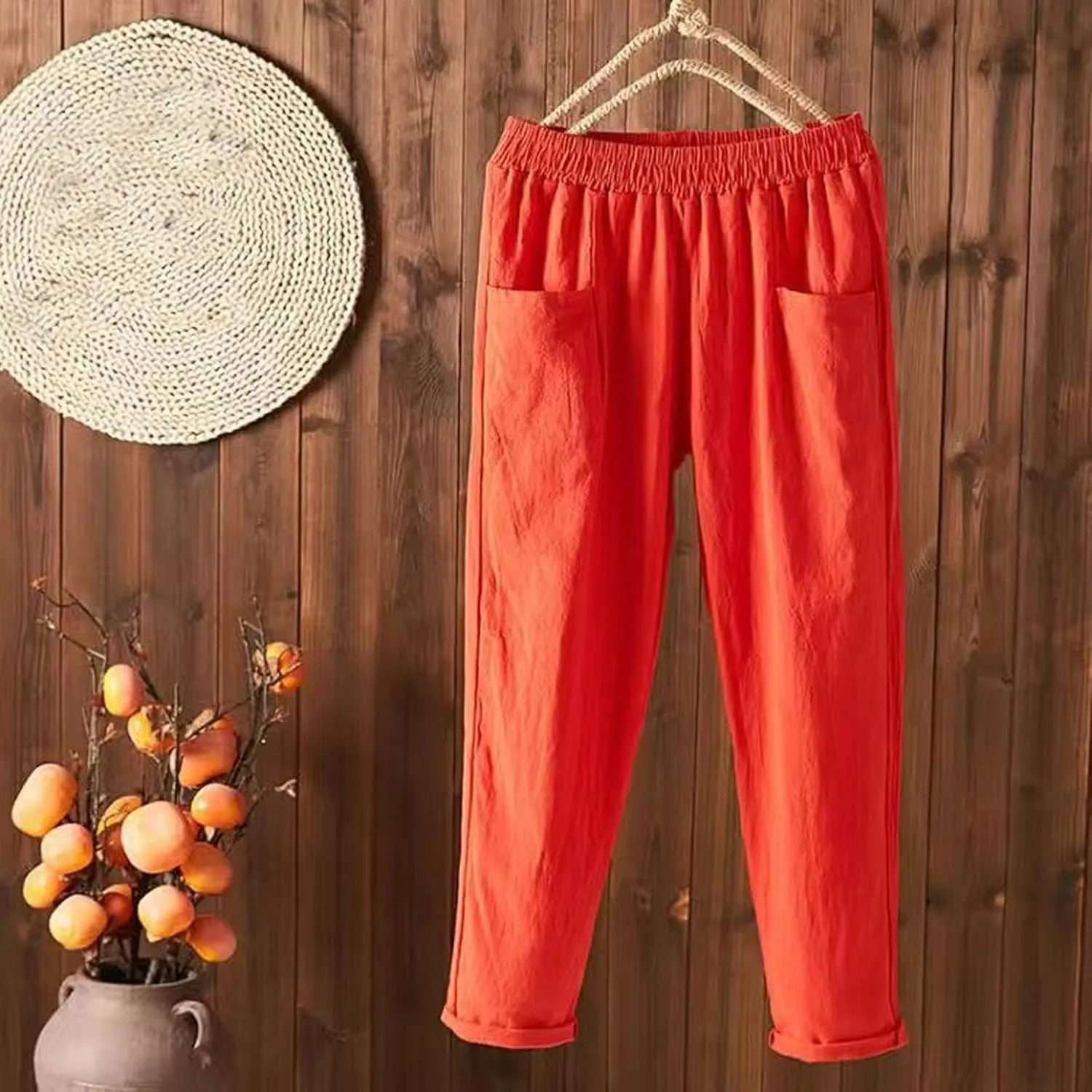 Women Linen Summer Loose Flowy Pants Low Waist Bootcut Slim-Fit Palazzo Lounge Pants Travel