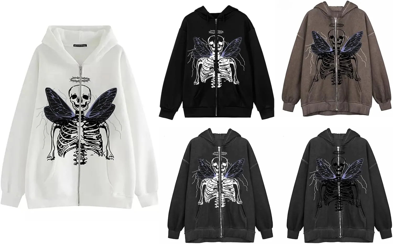 Women Men Oversized Zip Up Hoodie Sweatshirt Rhinestone Skeleton Sweatshirt Loose Fit Aesthetic Hoodies