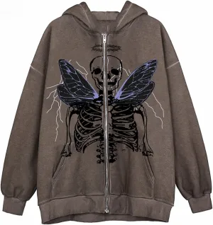 Women Men Oversized Zip Up Hoodie Sweatshirt Rhinestone Skeleton Sweatshirt Loose Fit Aesthetic Hoodies