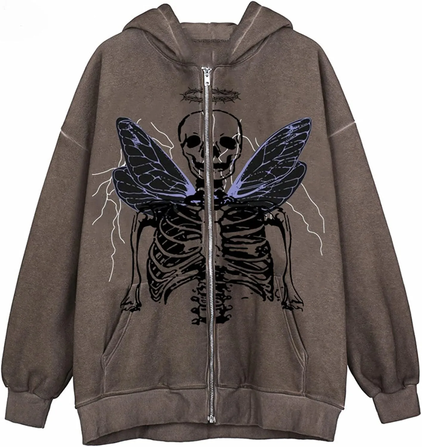 Women Men Oversized Zip Up Hoodie Sweatshirt Rhinestone Skeleton Sweatshirt Loose Fit Aesthetic Hoodies