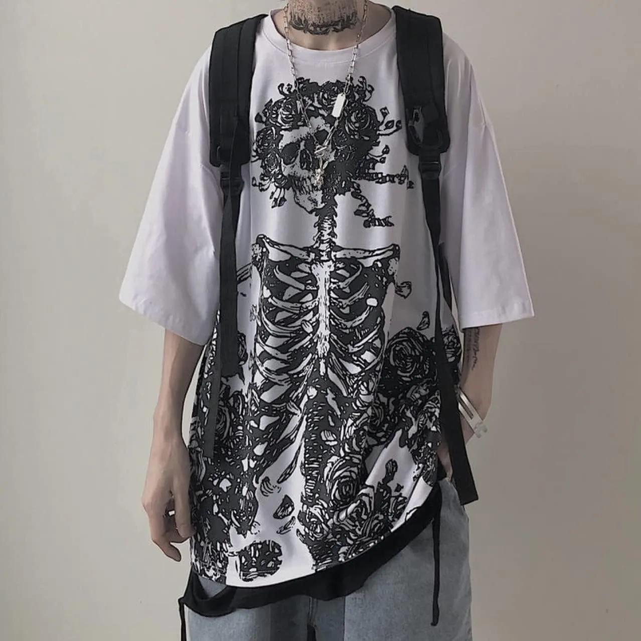 Women Men Y2K Skeleton T Shirt Gothic Skull Graphic Tee Oversized Punk Grunge Short Sleeve Top Streetwear Emo Alt Clothes