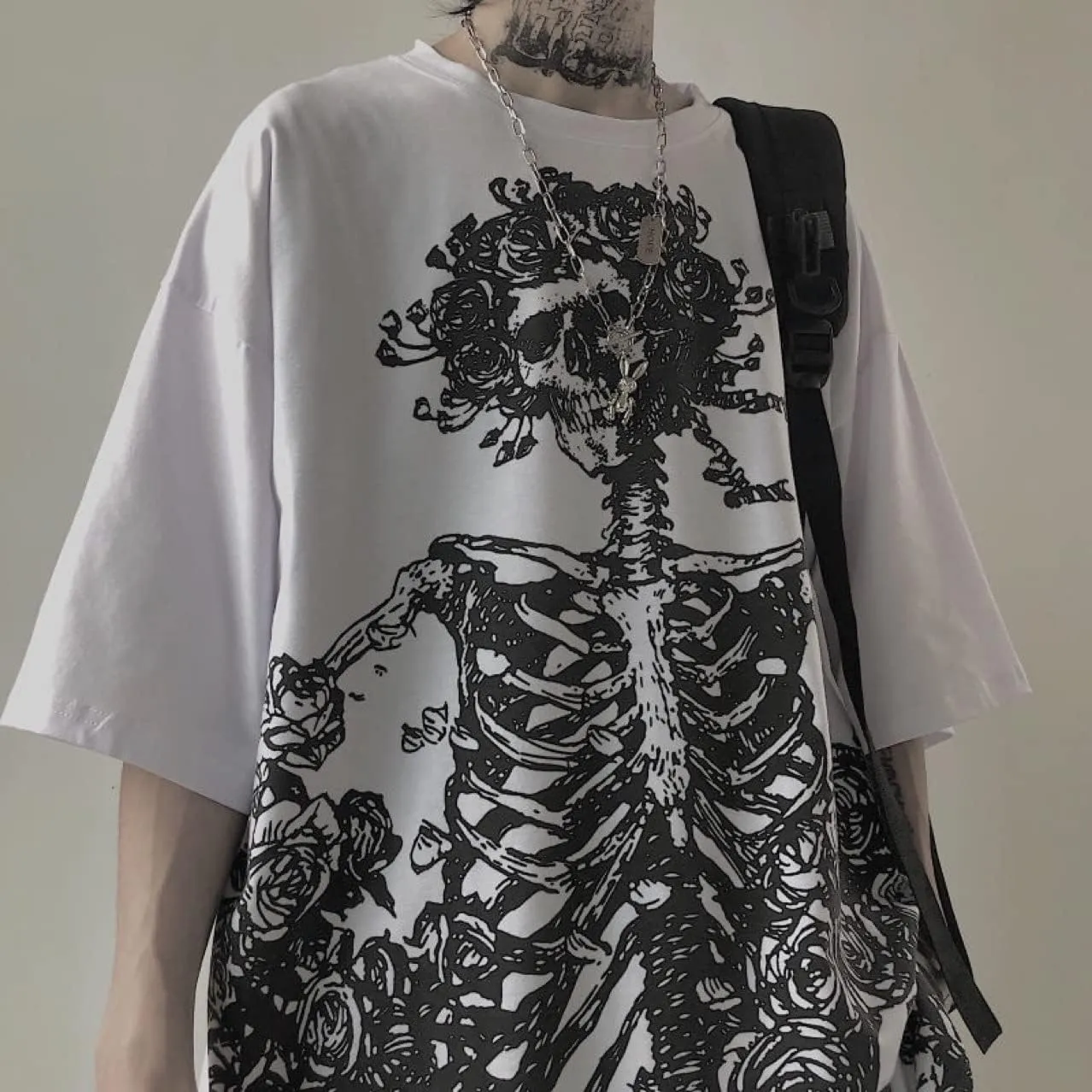 Women Men Y2K Skeleton T Shirt Gothic Skull Graphic Tee Oversized Punk Grunge Short Sleeve Top Streetwear Emo Alt Clothes