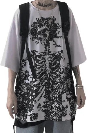 Women Men Y2K Skeleton T Shirt Gothic Skull Graphic Tee Oversized Punk Grunge Short Sleeve Top Streetwear Emo Alt Clothes