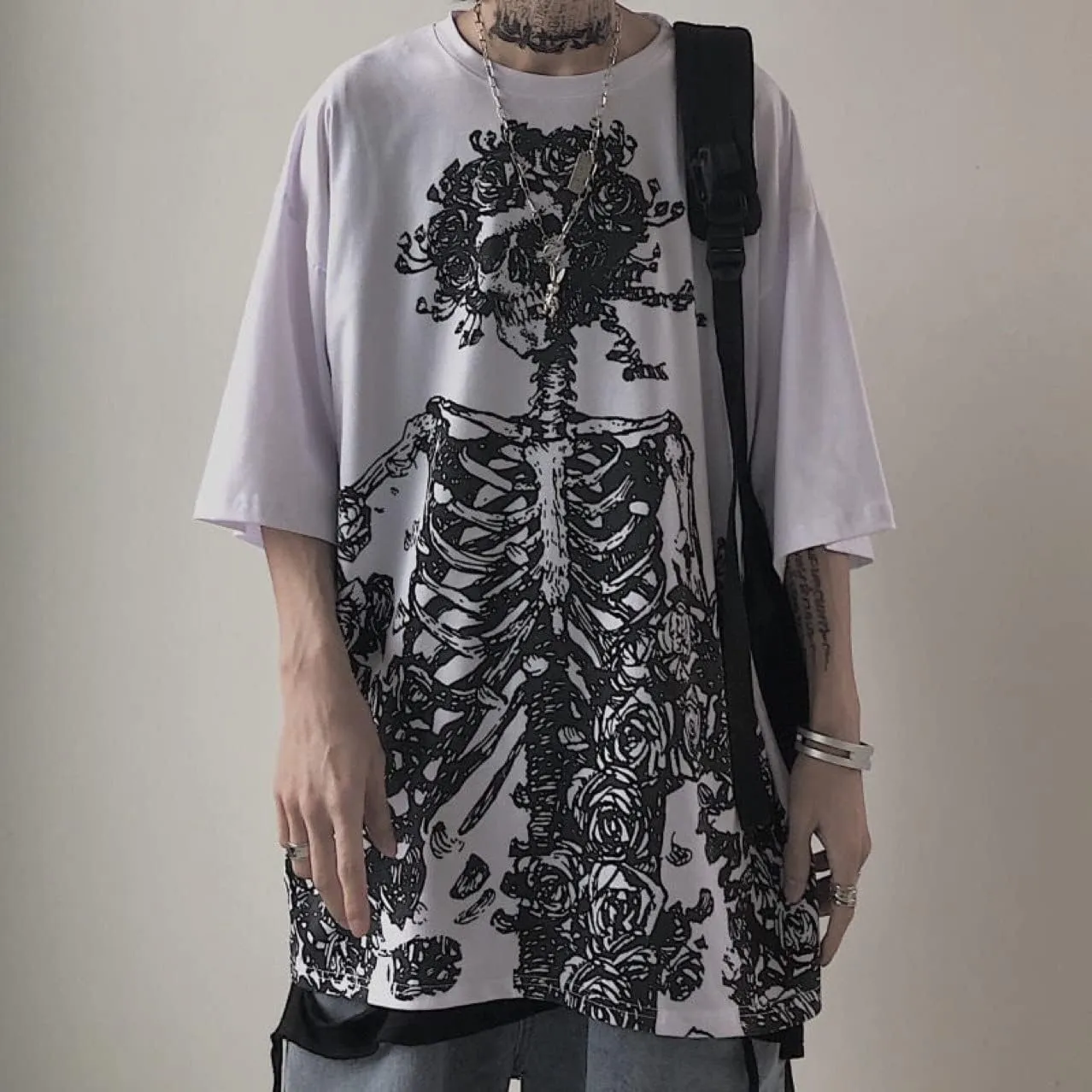 Women Men Y2K Skeleton T Shirt Gothic Skull Graphic Tee Oversized Punk Grunge Short Sleeve Top Streetwear Emo Alt Clothes